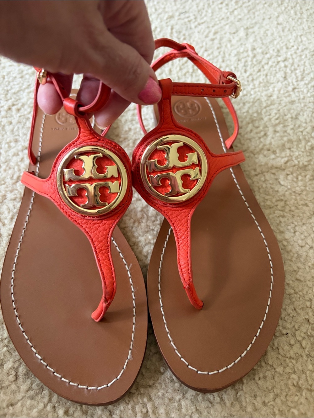 Tory Burch Coral Leather Logo T-Strap Sandals with Gold Medallions